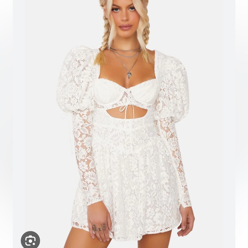 For love and lemons Frances white lace puff sleeve mini dress S